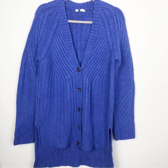 ANTHROPOLOGIE | MOTH Oversized High Low Button Front Blue Cardigan Women’s Small - Picture 2 of 11